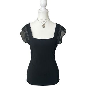 Y2K “Express” Plain Black Milkmaid Style Ruffle Trim Mesh Short Sleeve Top